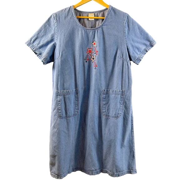 VTG USA Embroidered Stars Patriotic 4th of July Denim Dress Fireworks XL - Picture 2 of 9